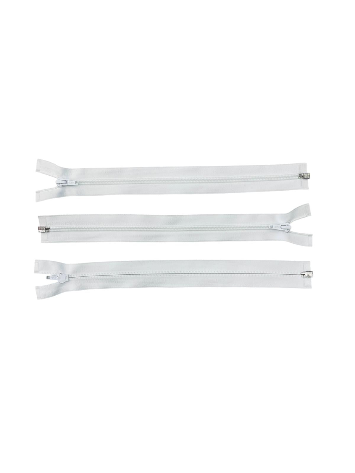 Three white size 7 plastic open-end zippers with chunky molded teeth and metal pullers.
