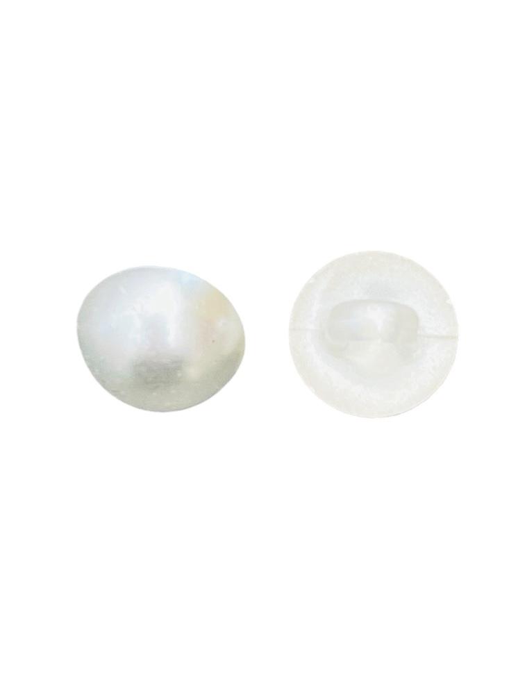 Front and back views of a 10mm ivory imitation pearl shank button for sewing.