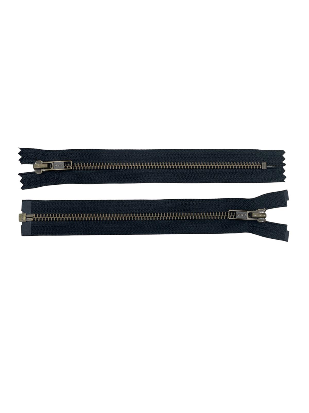 Two YKK size 5 brass metal black zippers, one closed end and one open end, shown on a white background.