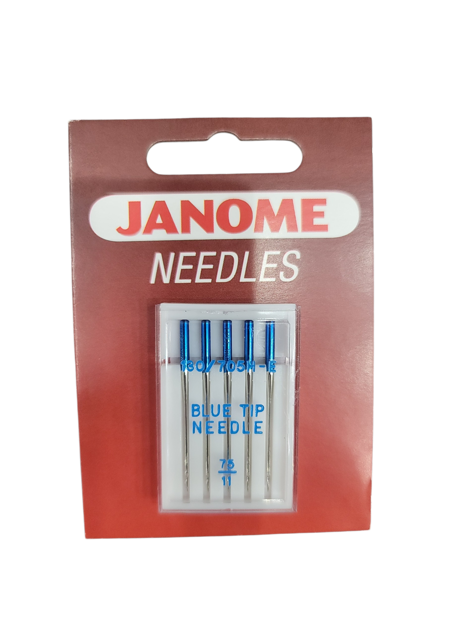 Janome Blue Tip sewing machine needles size 11/75 in a five-pack blister card.