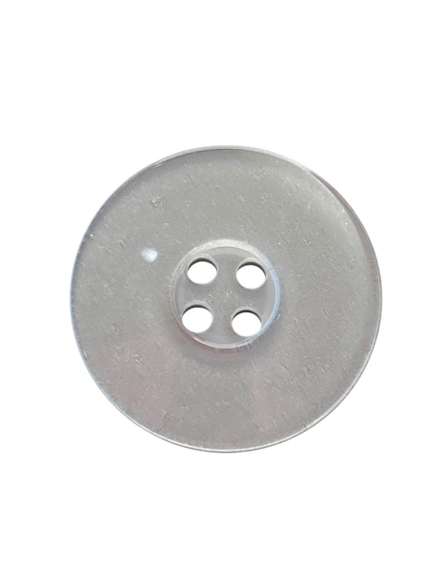 A 25mm round white and silver polyester button with a four-hole design.