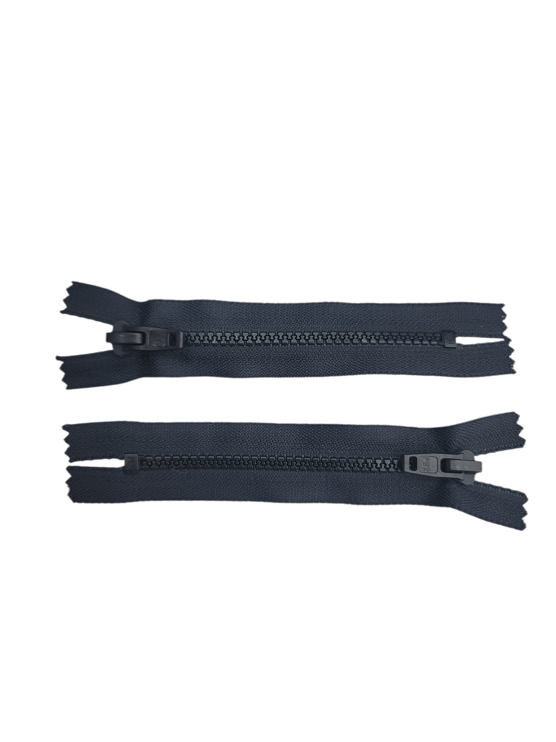 Two 13cm chunky black plastic closed-end zippers with medium weight teeth on a white background.