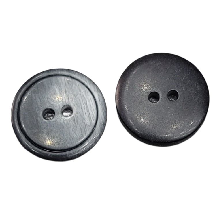 Two 20mm round 2-hole sewing buttons in black and grey polyester.
