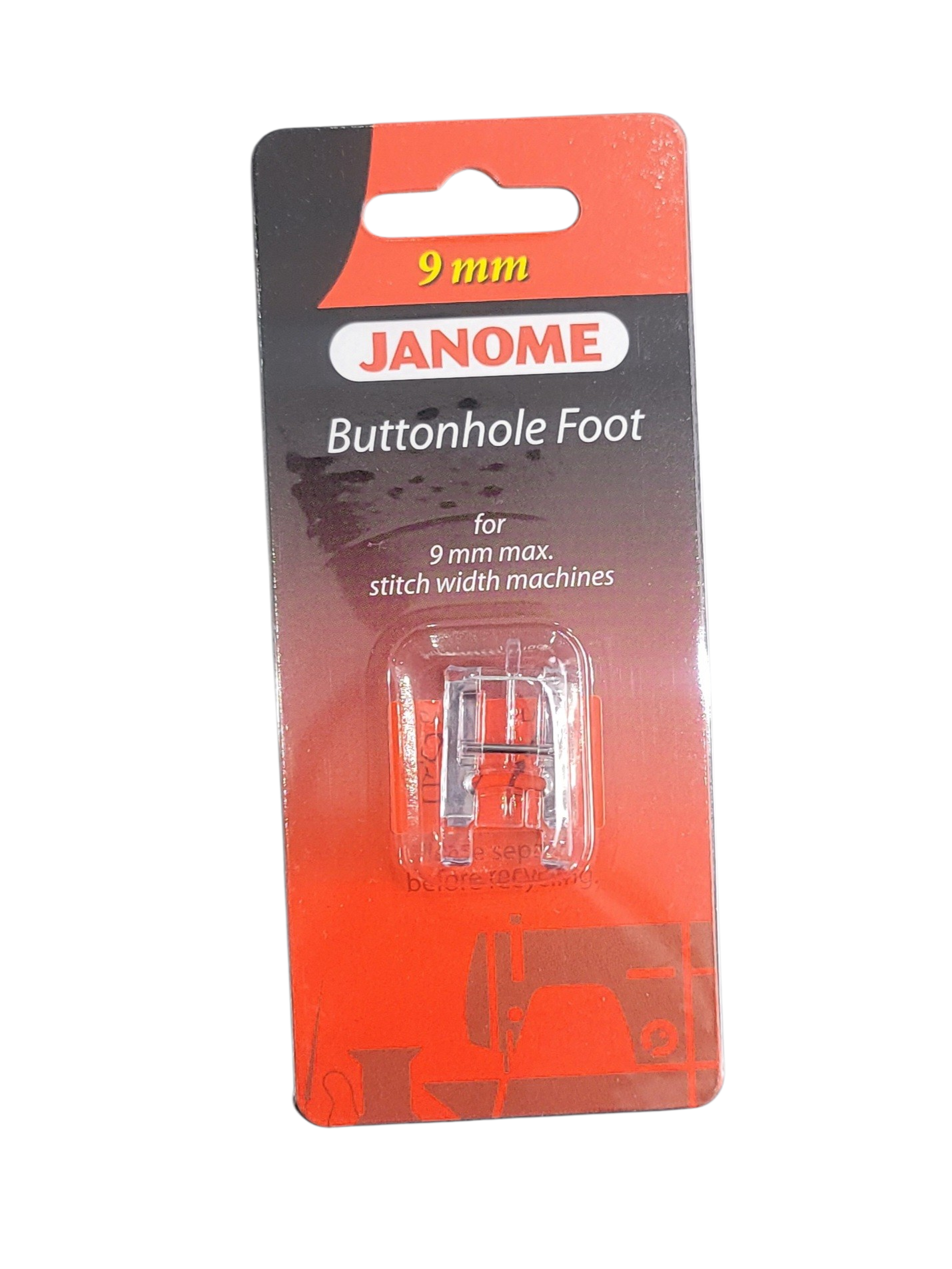 Janome buttonhole foot for 9mm stitch width machines in its original red and black packaging.