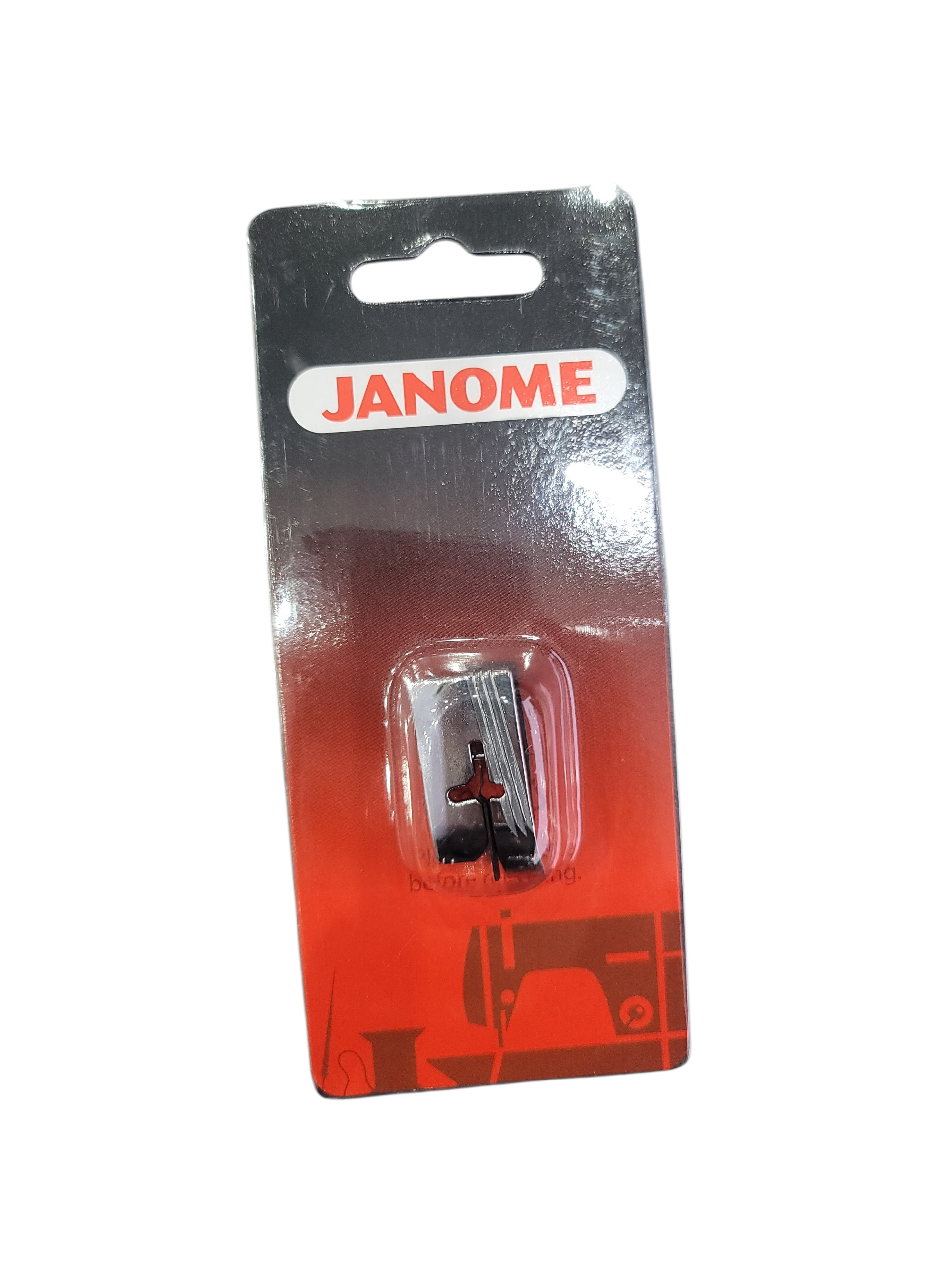 Janome metal blind hem foot in red and black retail packaging.