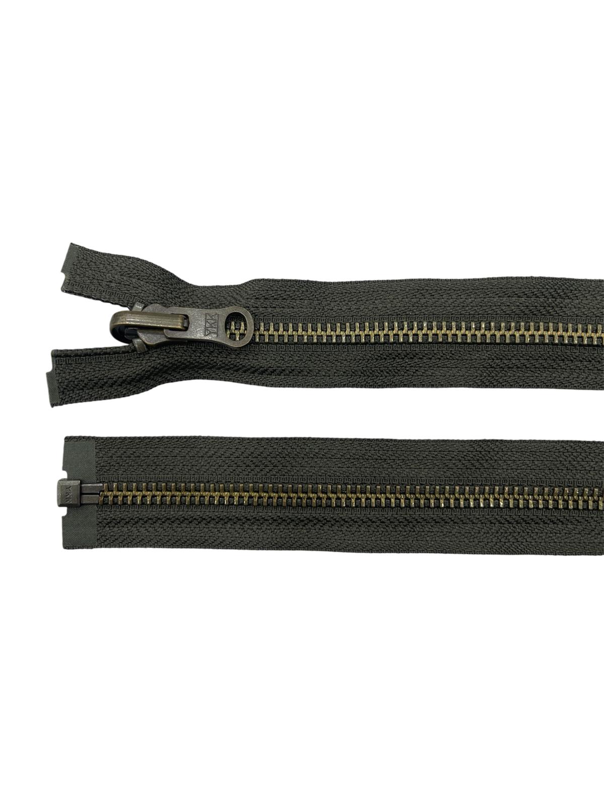YKK size 5 brass metal open-end zipper in black with a double-sided pull.