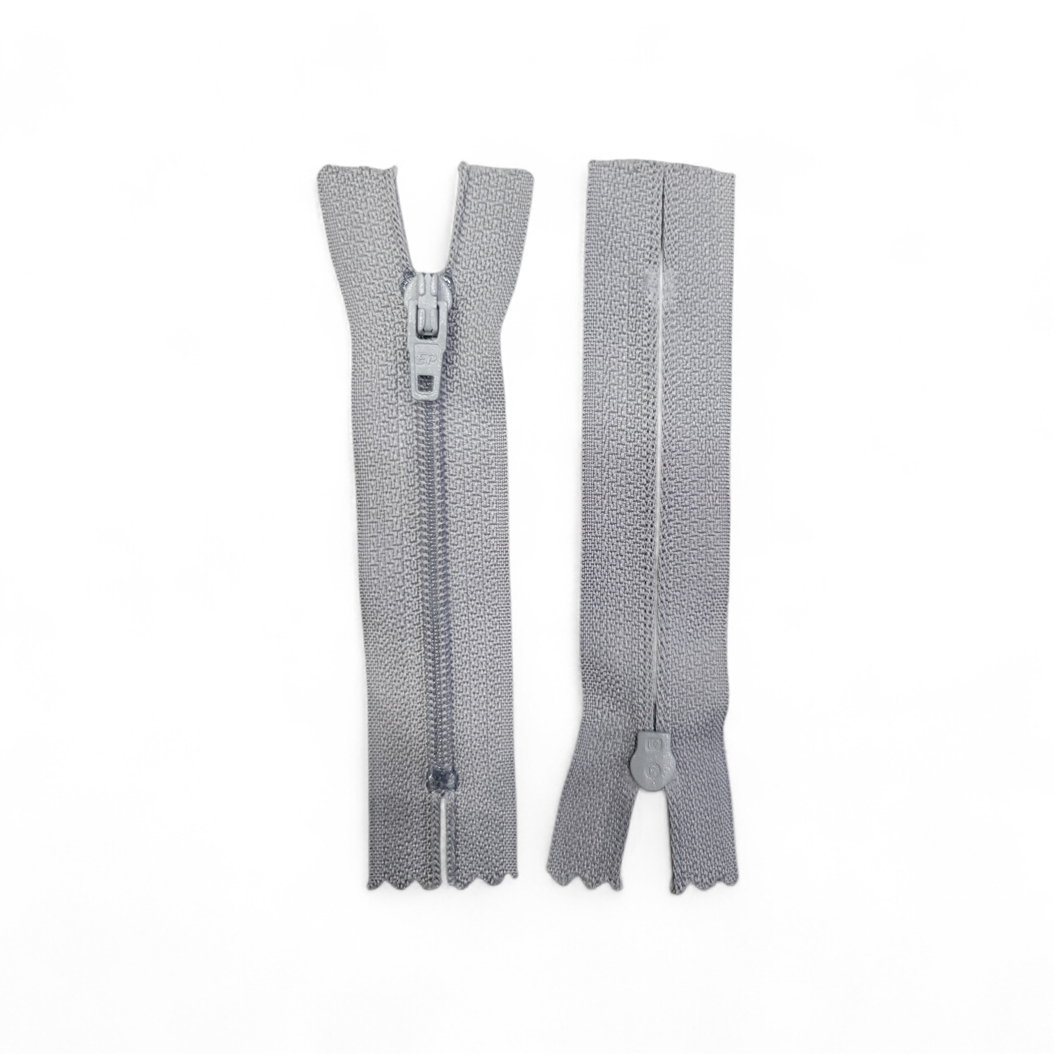 Grey YKK 8cm closed end plastic zipper with a grey slider.