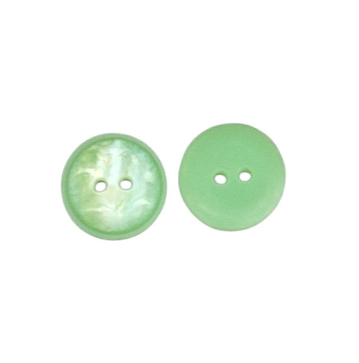 Front and back view of a 15mm light green iridescent 2-hole shell-imitation polyester button.