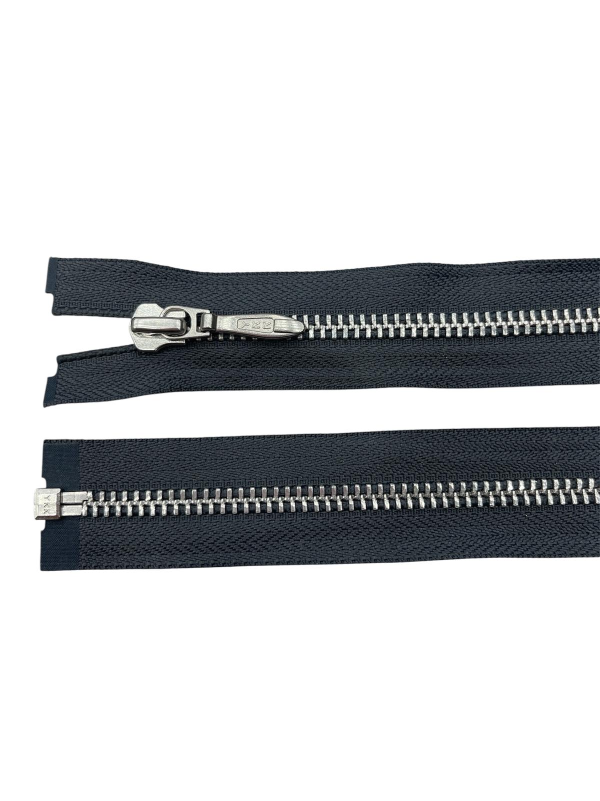 YKK size 5 silver metal open-end sewing zipper with black tape shown in two sections.