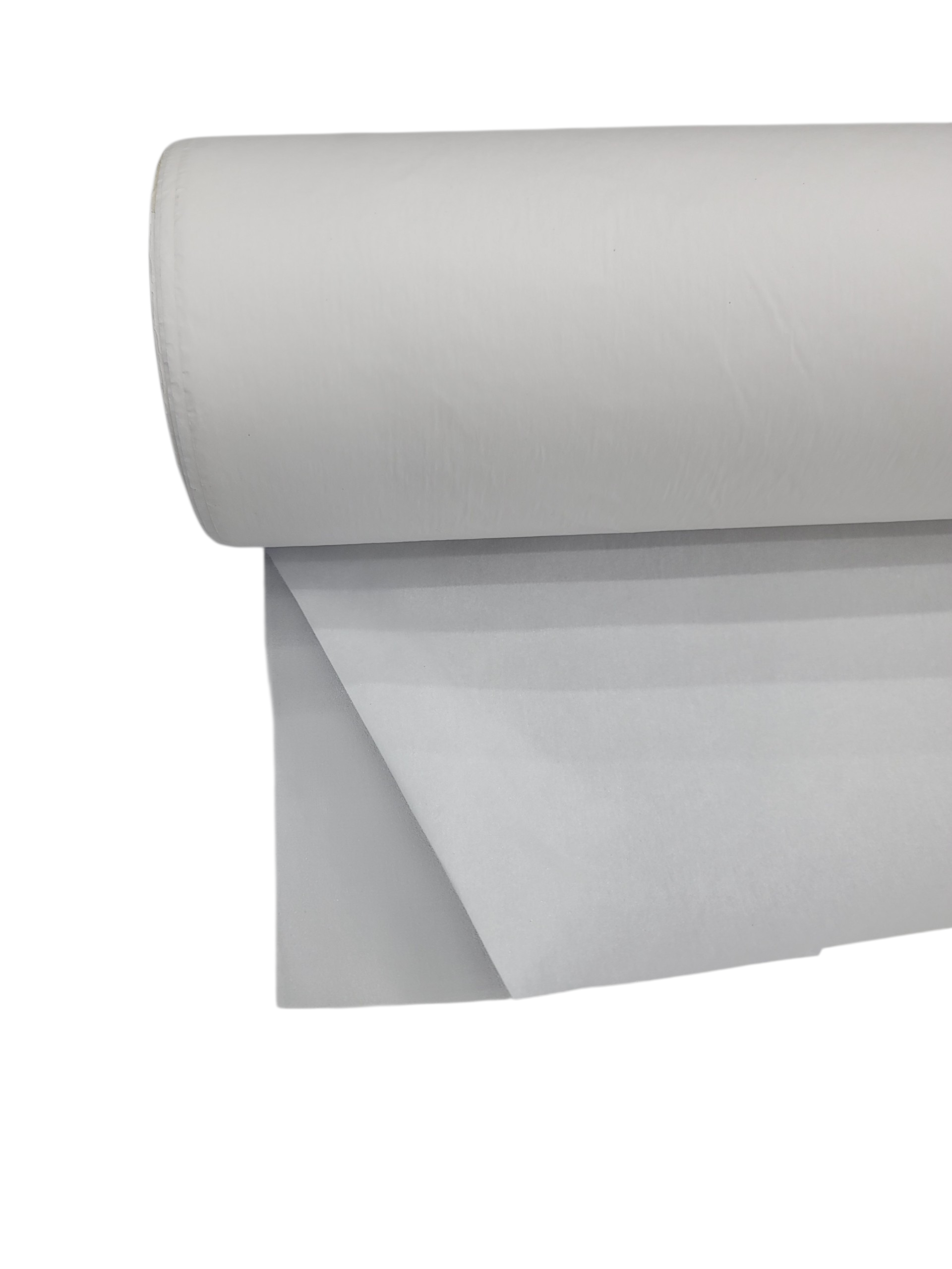 A roll of white iron-on bonding web with backing paper partially unrolled on a white background.