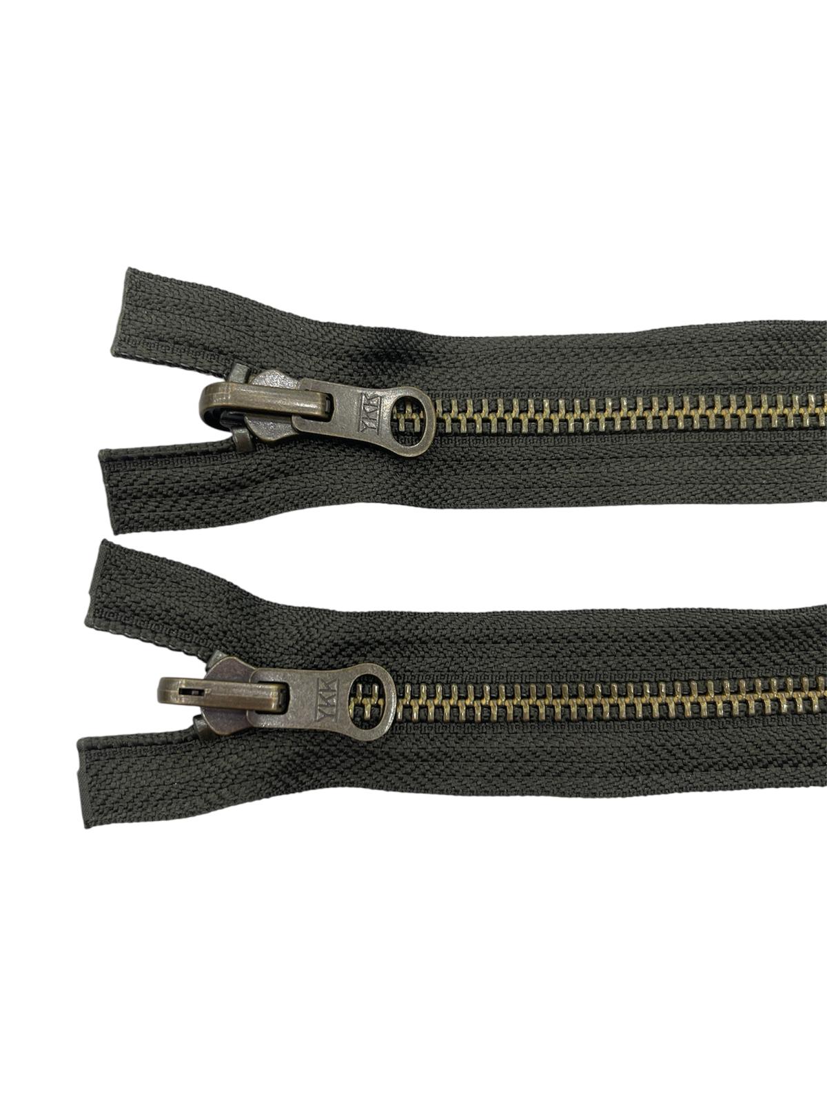 Two YKK size 5 brass metal zippers with black tape and double-sided pulls on a white background.