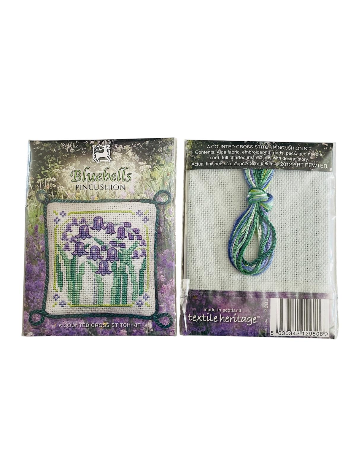 Textile Heritage Bluebells counted cross stitch pincushion kit with fabric and embroidery threads.