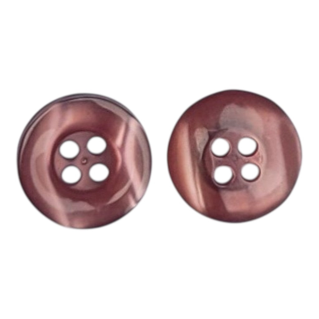 Two 14mm plum-colored plastic buttons with a chunky rim and four-hole center.