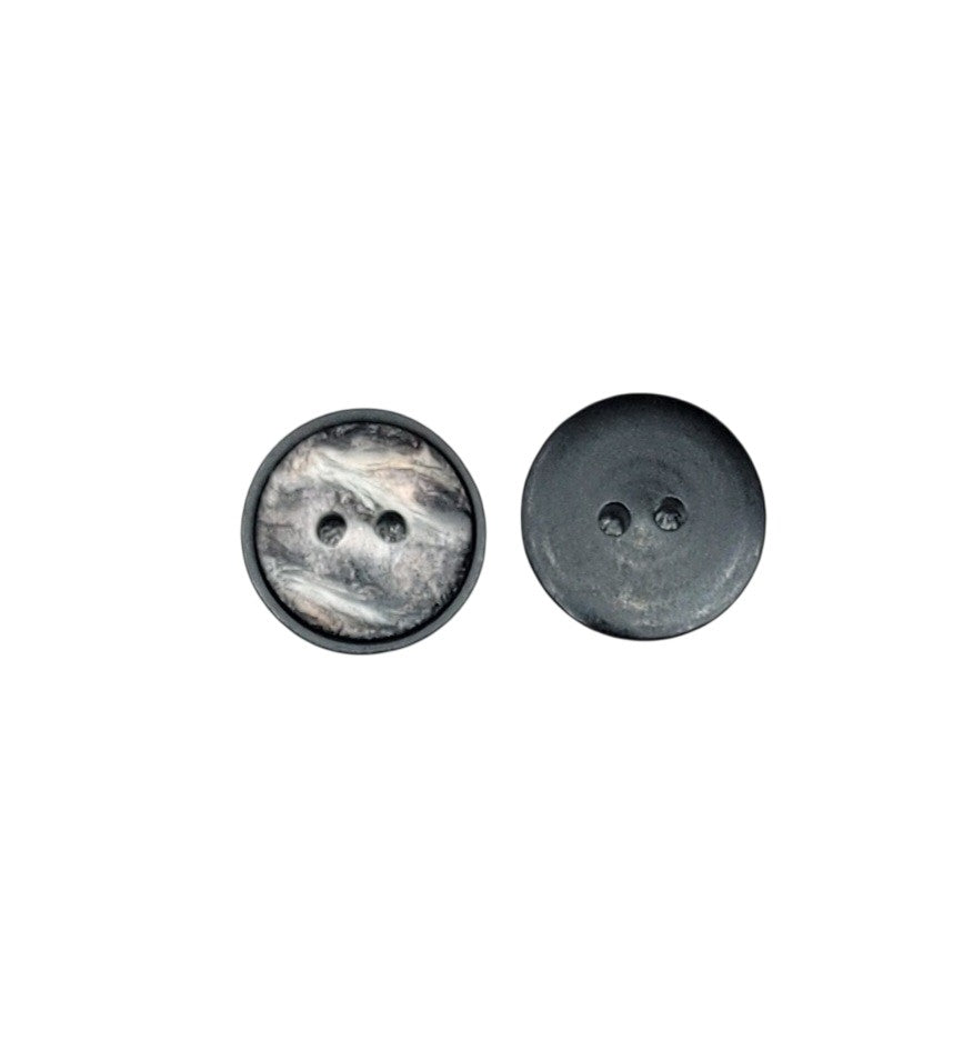 Front and back view of a 15mm iridescent grey 2-hole shell-imitation polyester button.