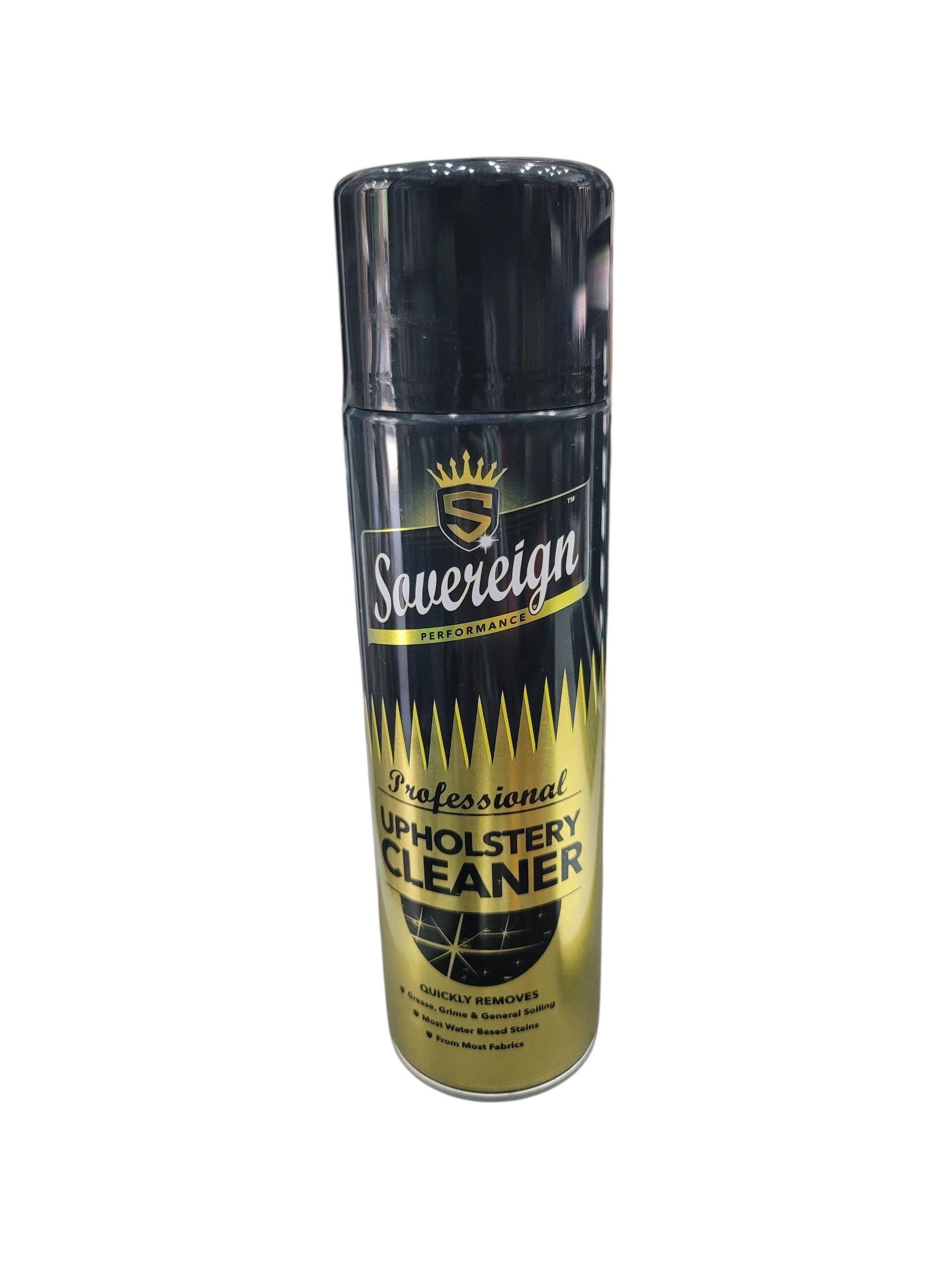 Sovereign Professional Upholstery Cleaner 500ml aerosol can with black and gold label.