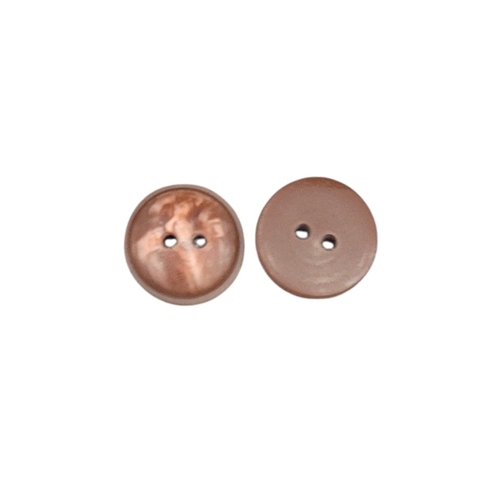 Two 15mm brown iridescent shell-imitation polyester buttons with two holes.