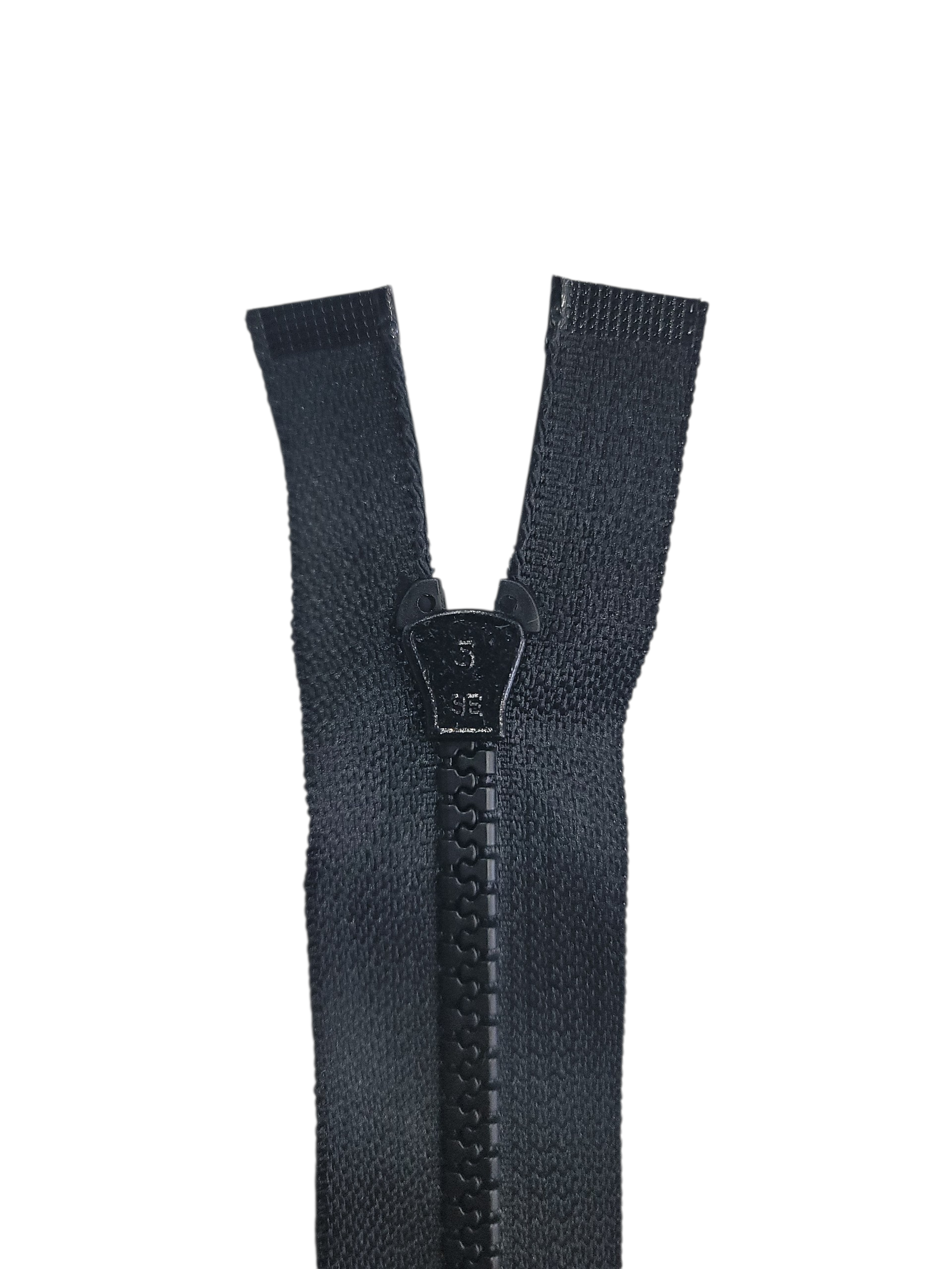 Black size 5 medium weight chunky plastic open-end zipper with a black slider.