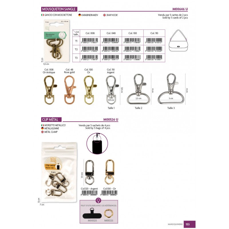 Pack of four Stephanoise M526 metal swivel hook clips available in gold and silver finishes.