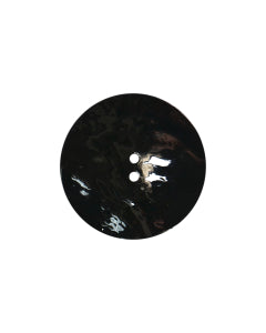 10mm black shell decorative button with two holes and a glossy, iridescent finish.