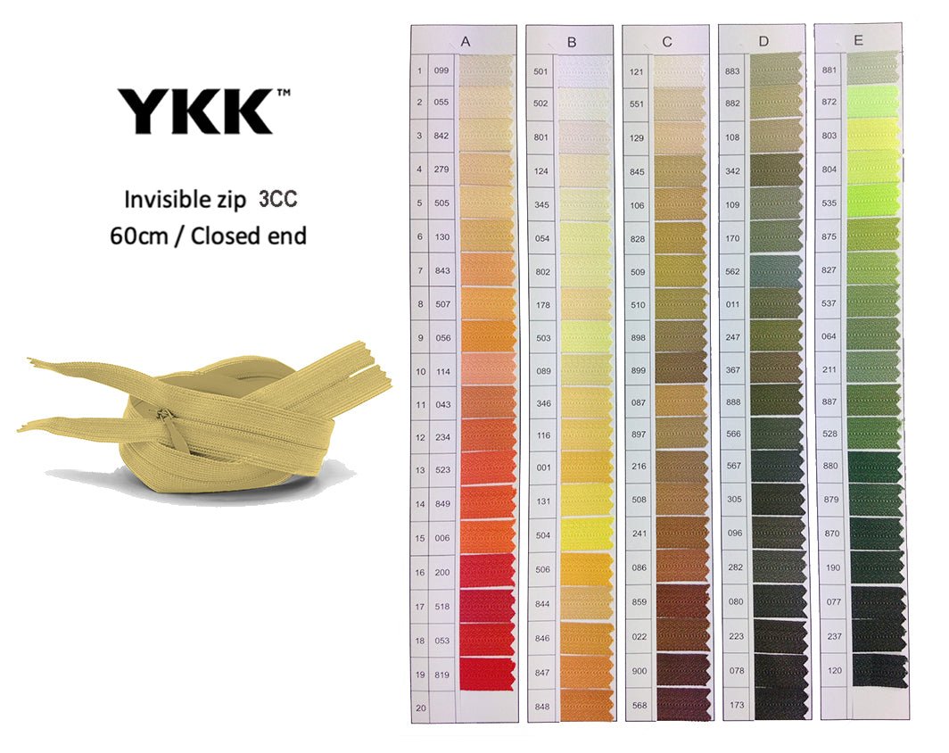 YKK Closed Ended Invisible 60cm Zip, 3cc - SHADE CARD A to E - Galedi Pins