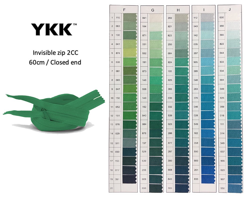 YKK Closed Ended Invisible 60cm Zip, 2cc - SHADE CARD F to J - Galedi Pins