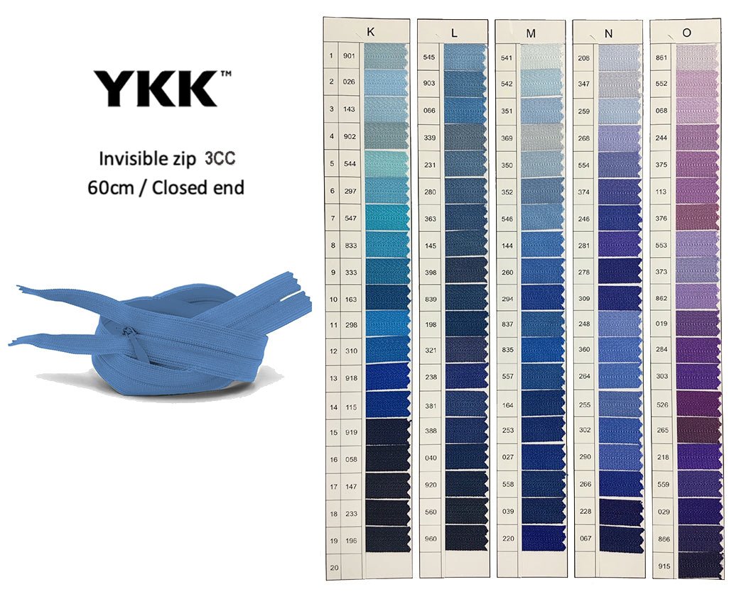 YKK Closed Ended Invisible 60cm Zip, 3cc - SHADE CARD K to O - Galedi Pins