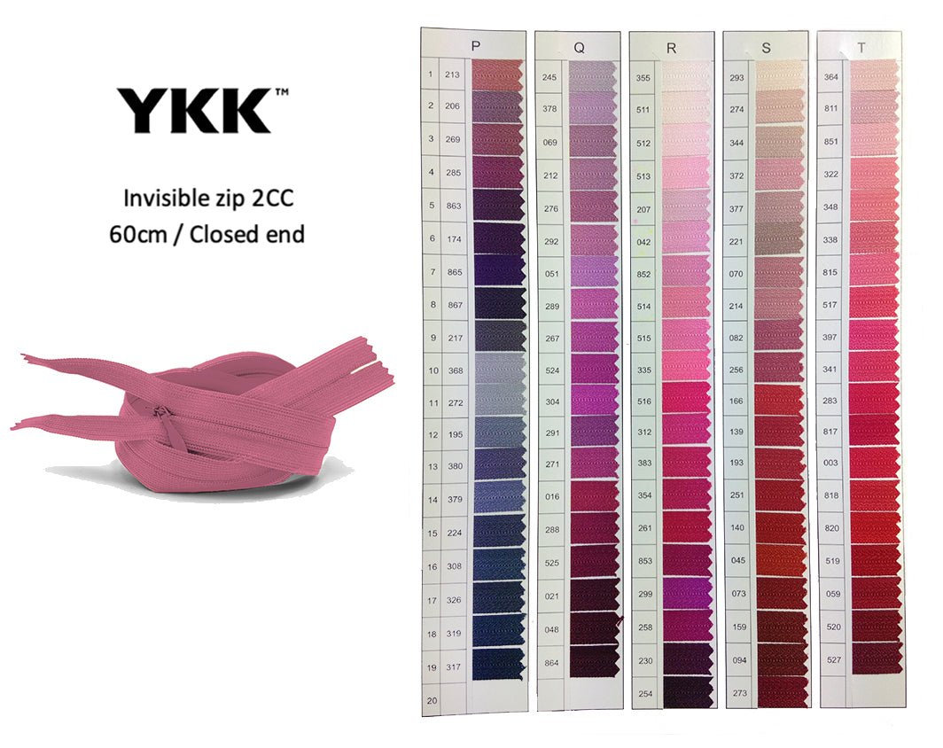 YKK Closed Ended Invisible 60cm Zip, 2cc - SHADE CARD P to T - Galedi Pins