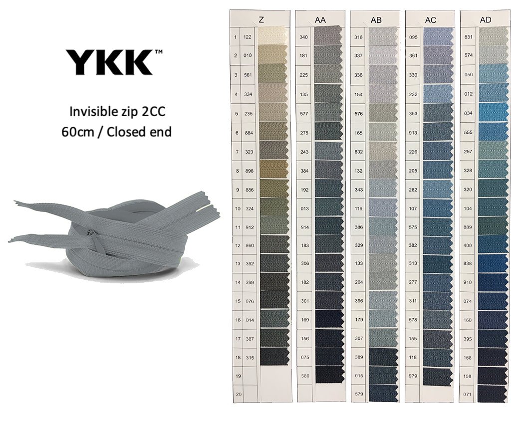 YKK Closed Ended Invisible 60cm Zip, 2cc - SHADE CARD Z to AD - Galedi Pins