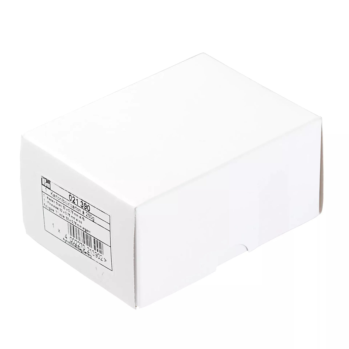 White cardboard box containing 250g of 32mm x 0.75mm steel T-shaped head pins.