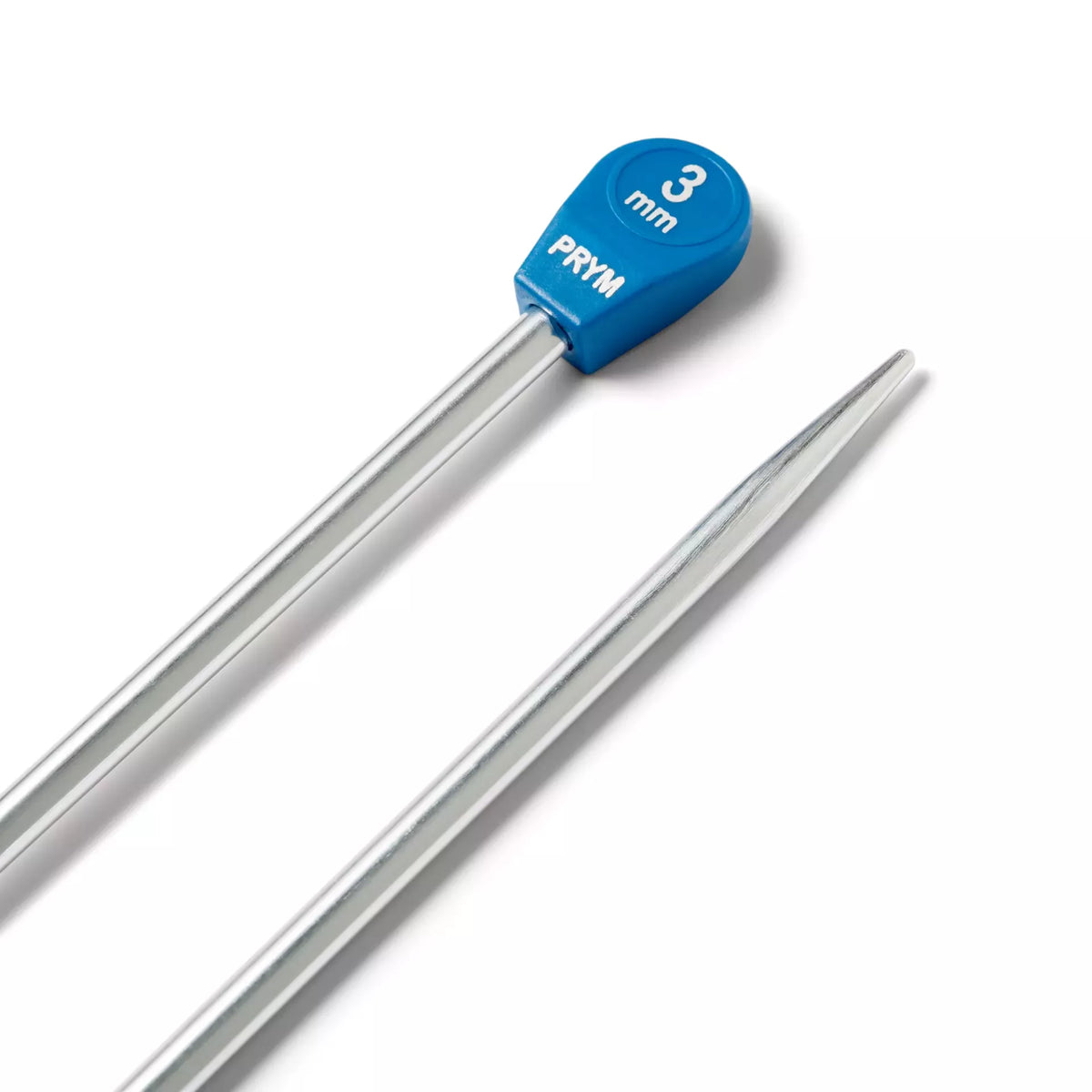 Prym 3mm silver-coloured aluminium single-pointed knitting needles with blue gauge-coded heads.