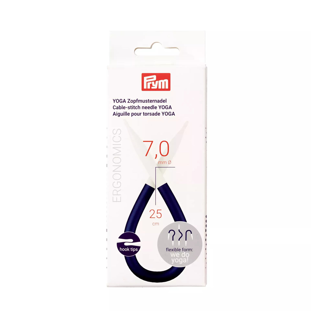 Prym YOGA cable-stitch needle, 7.0 mm x 25 cm, in white and violet with flexible shaft.
