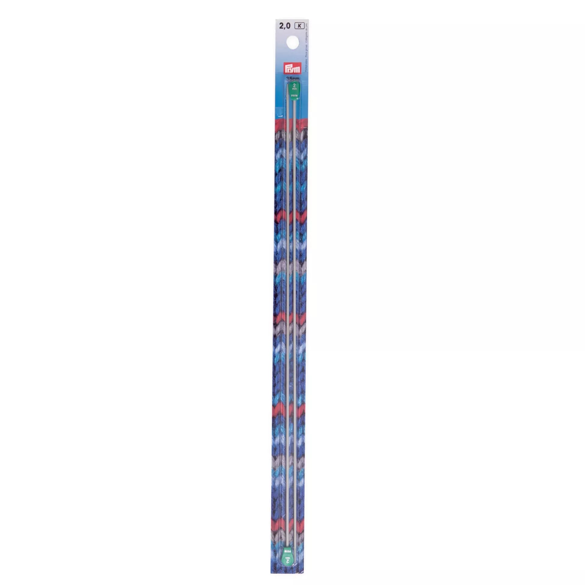 Prym pearl grey aluminium single-pointed knitting needles with green colour-coded heads in packaging