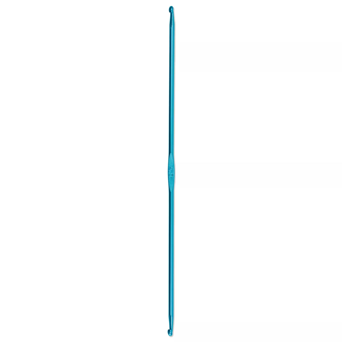 Turquoise 25cm double-sided Tunisian crochet hook with hooks at both ends.