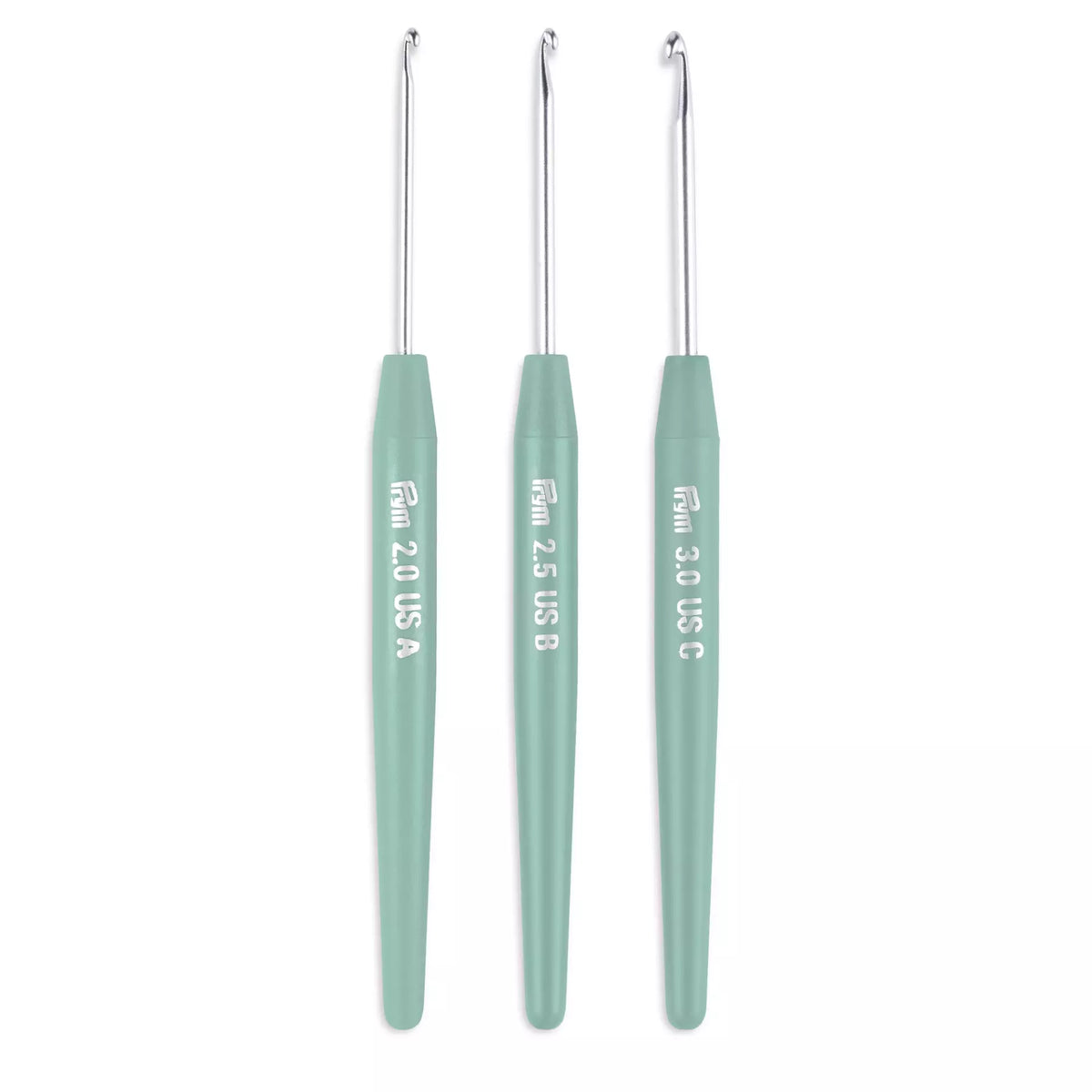 Set of three linden green Prym amigurumi crochet hooks in sizes 2.0mm, 2.5mm, and 3.0mm.