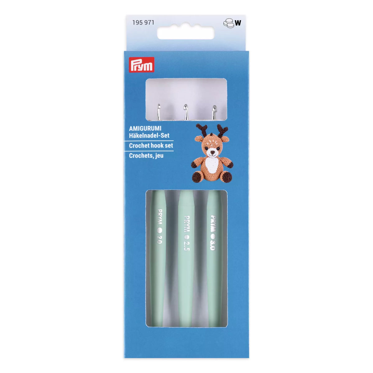 Prym Amigurumi crochet hook set with three linden green soft-handle hooks in sizes 2.0, 2.5, 3.0 mm.
