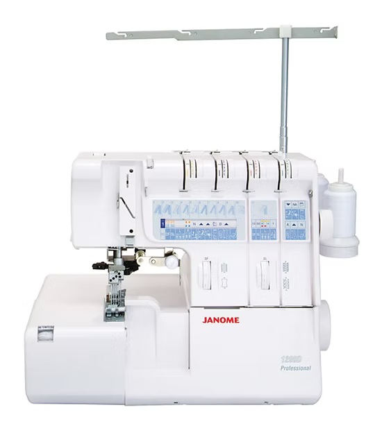 White Janome 1200D overlock and coverstitch sewing machine with thread spools.