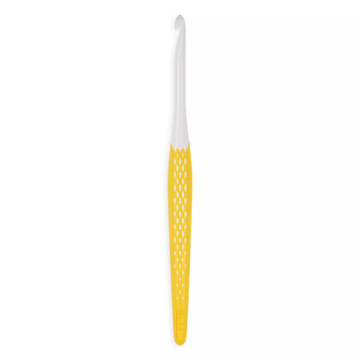 Prym Ergonomics crochet hook with a white polished shaft and a yellow ergonomic textured handle.