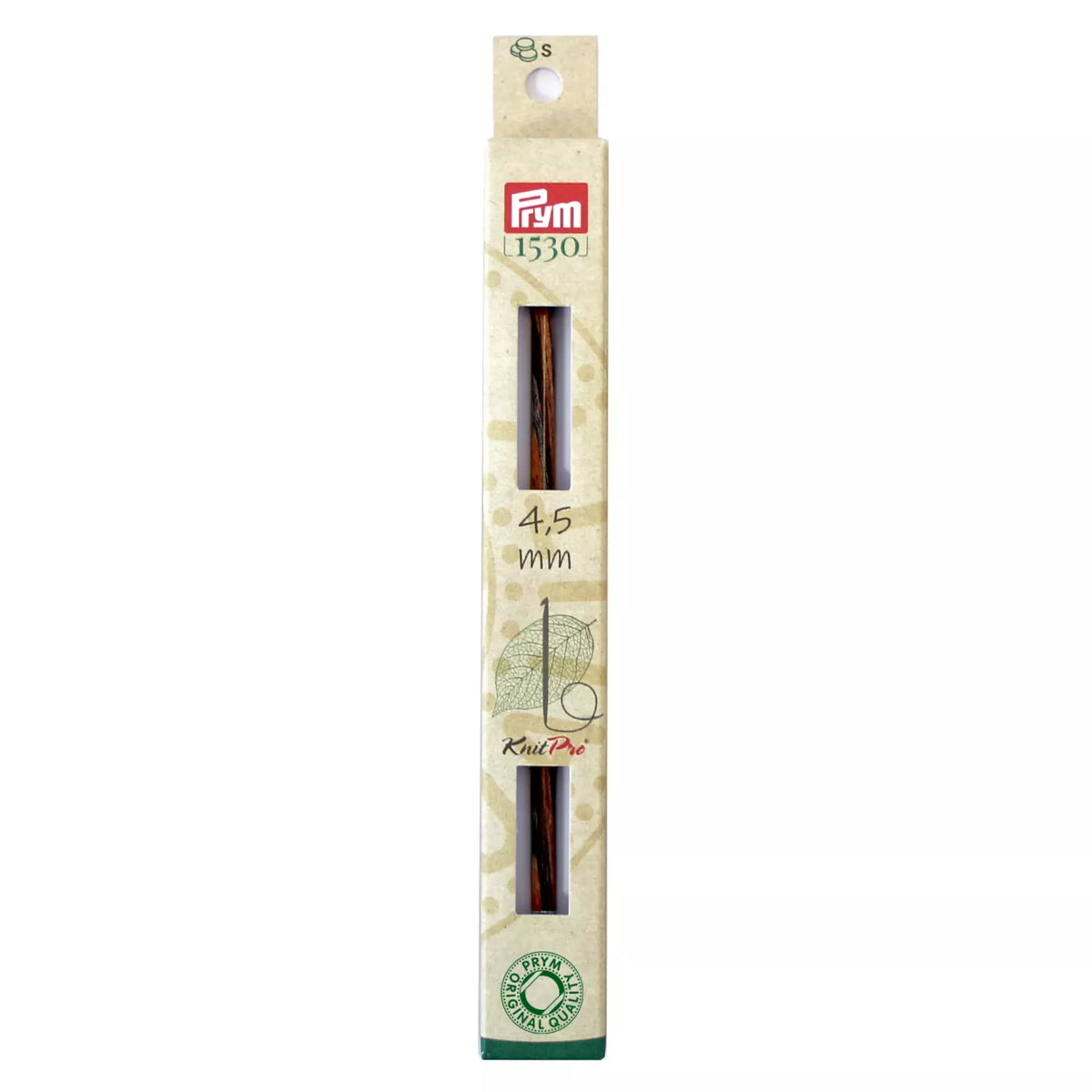 Prym Natural 4.5mm Tunisian crochet hook tip in plastic-free cardboard packaging.