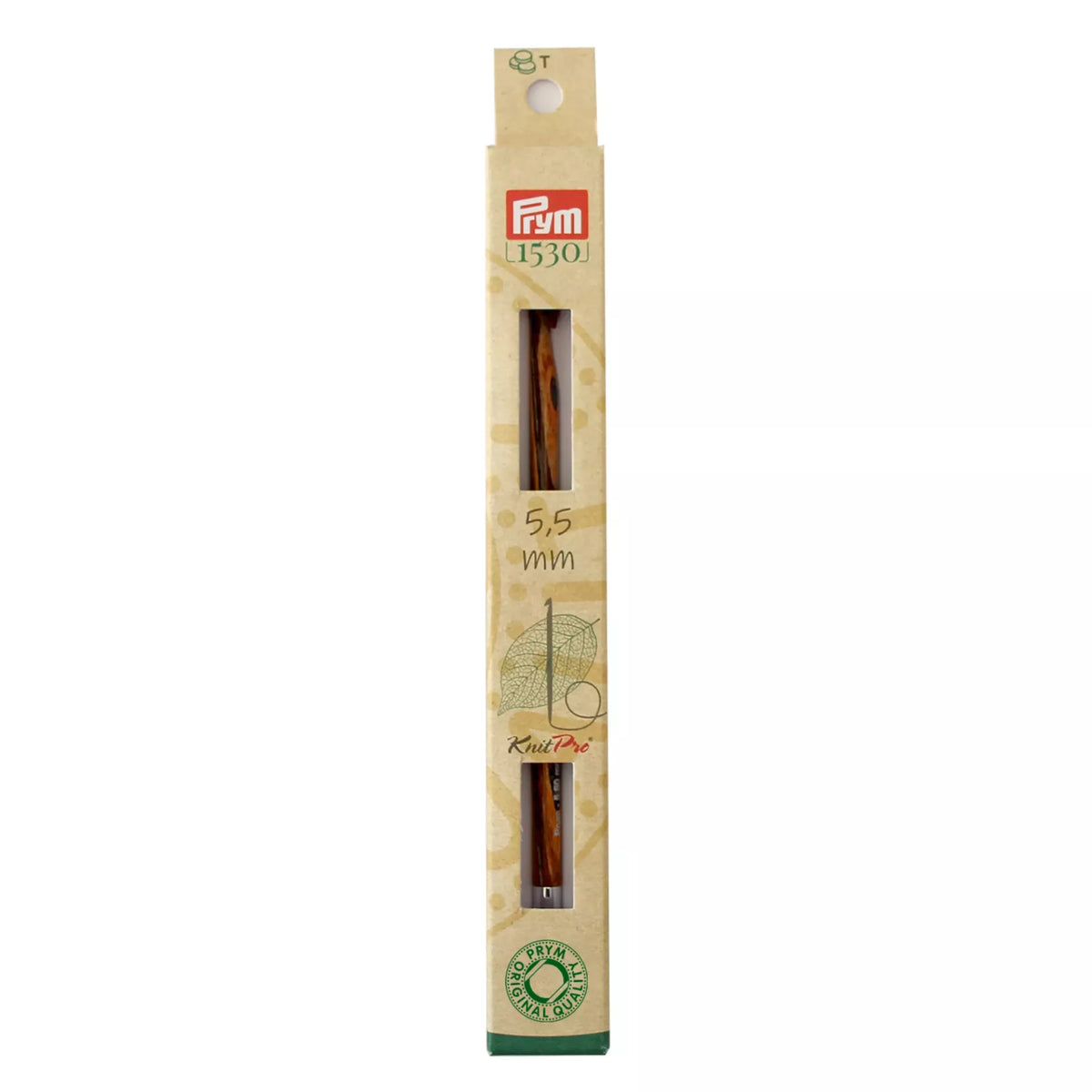 Prym Natural 5.5mm Tunisian crochet hook tip in plastic-free cardboard packaging.