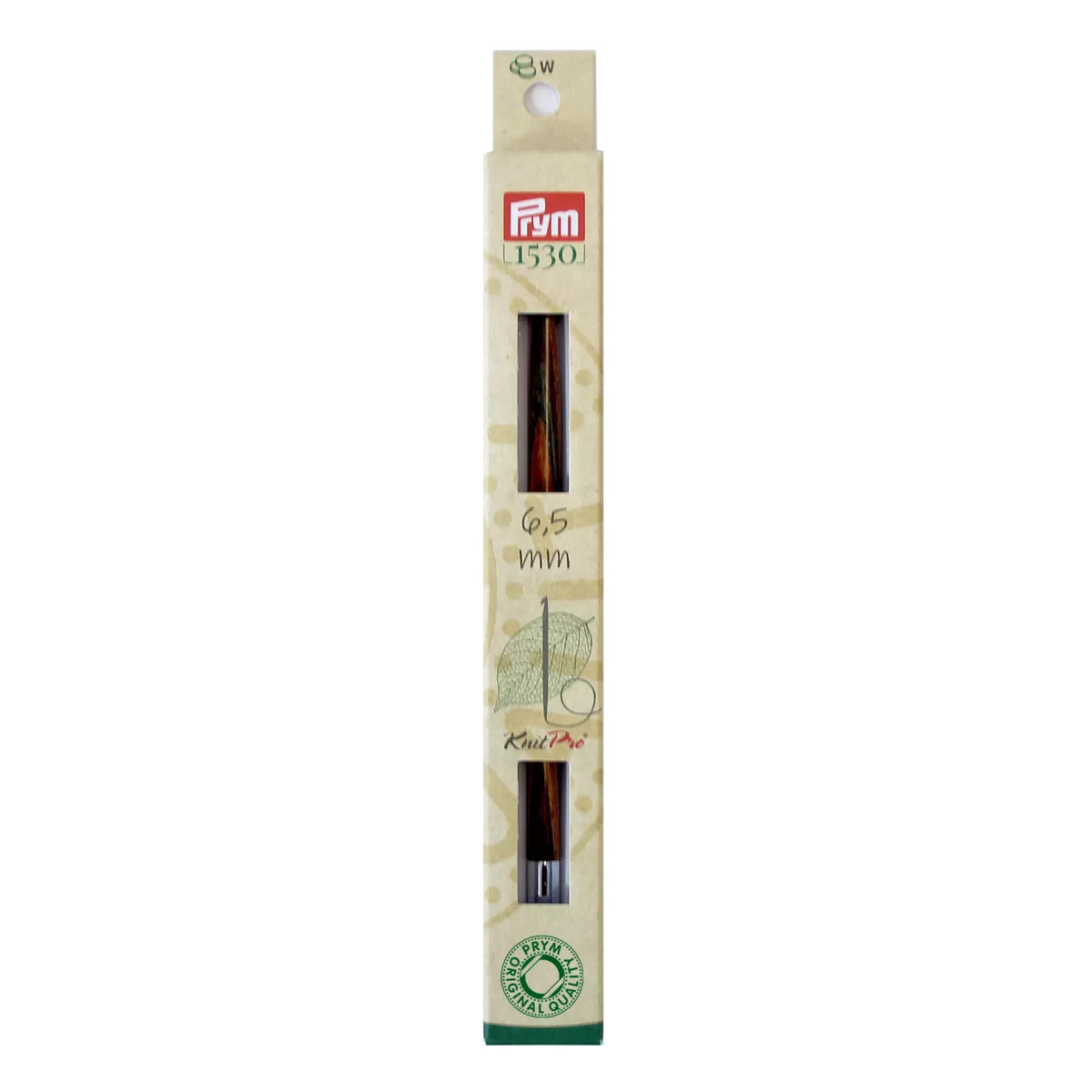 Prym Natural Tunisian crochet hook tip, 6.5mm, in plastic-free cardboard packaging.