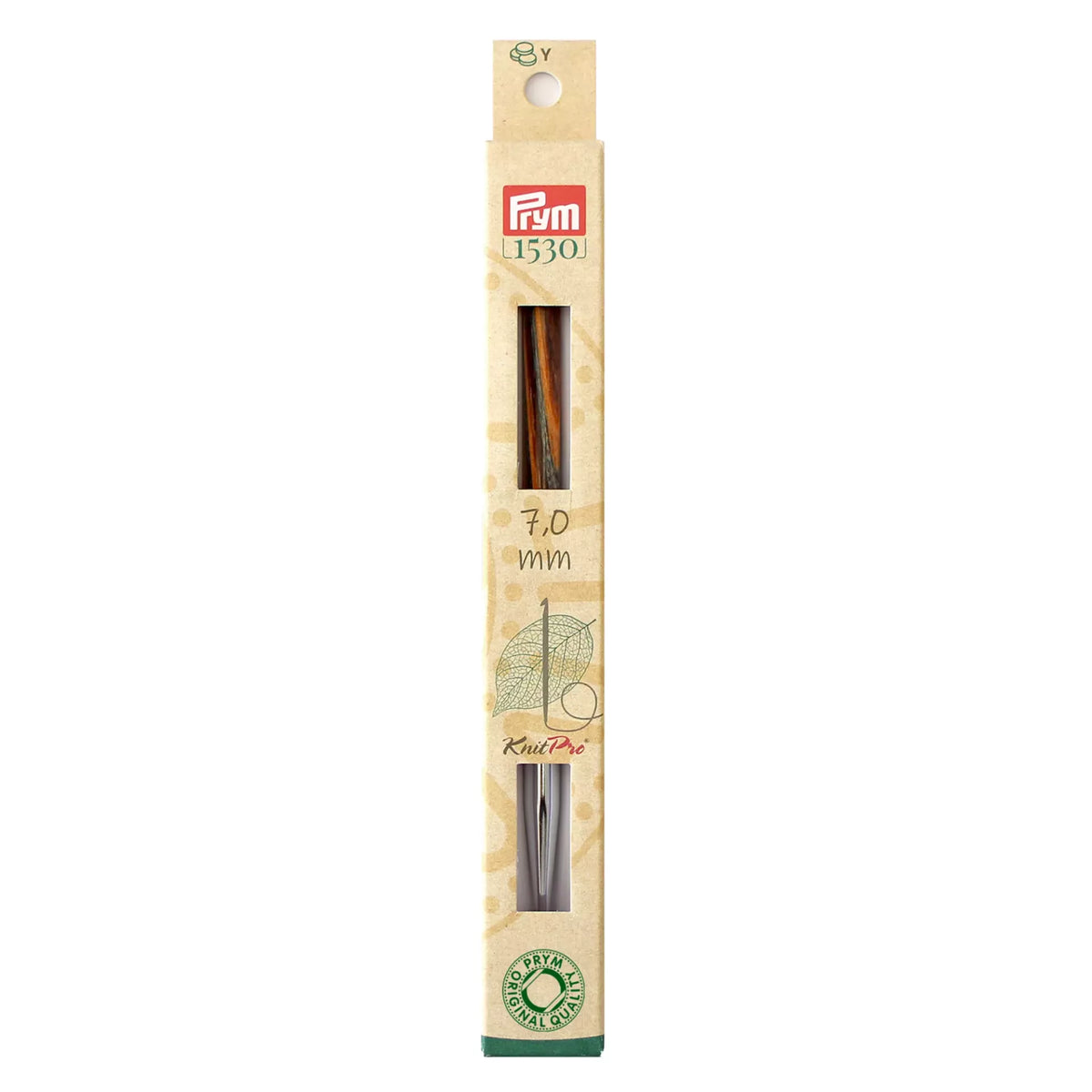 Prym Natural 7.0 mm Tunisian crochet hook tip in plastic-free cardboard packaging.
