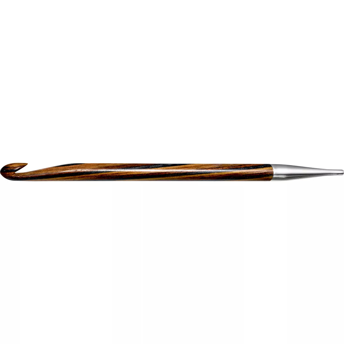 Tunisian crochet hook made of polished multicoloured wood with a silver metal cord connector.