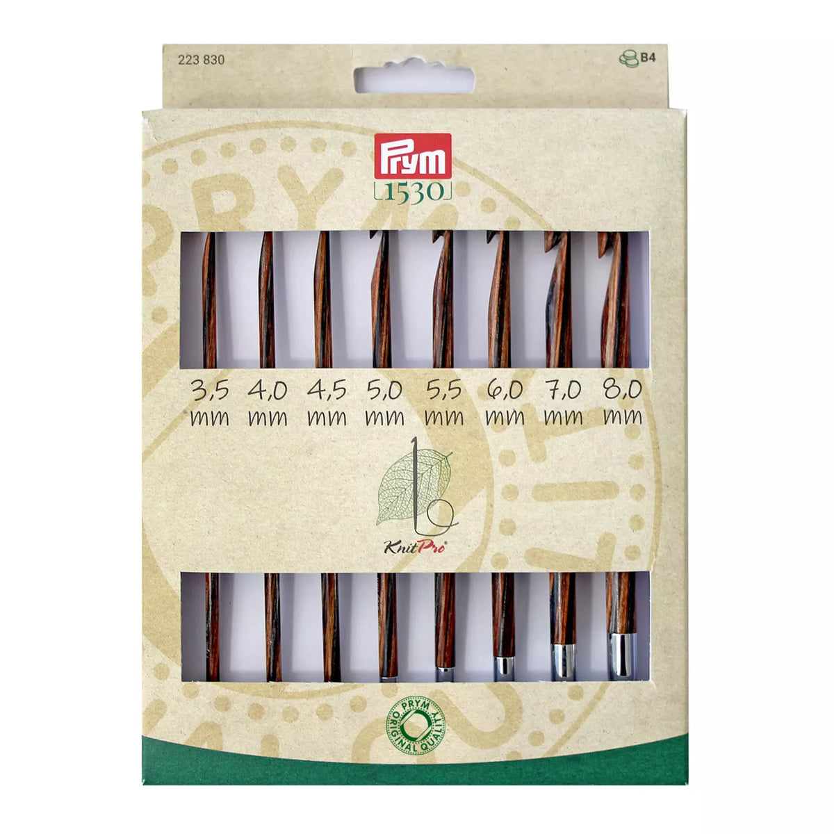 Prym Natural Tunisian crochet hook set with 8 wooden hooks in sizes 3.5mm to 8.0mm.