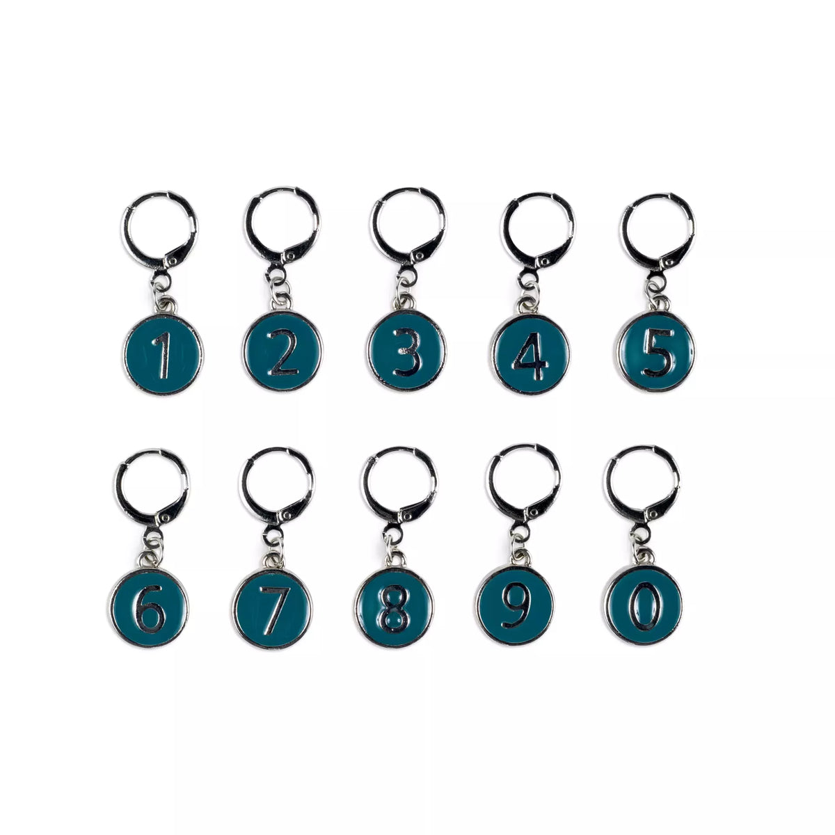 Set of 10 dark petrol green amigurumi stitch markers numbered 0 to 9 with silver metal clasps.