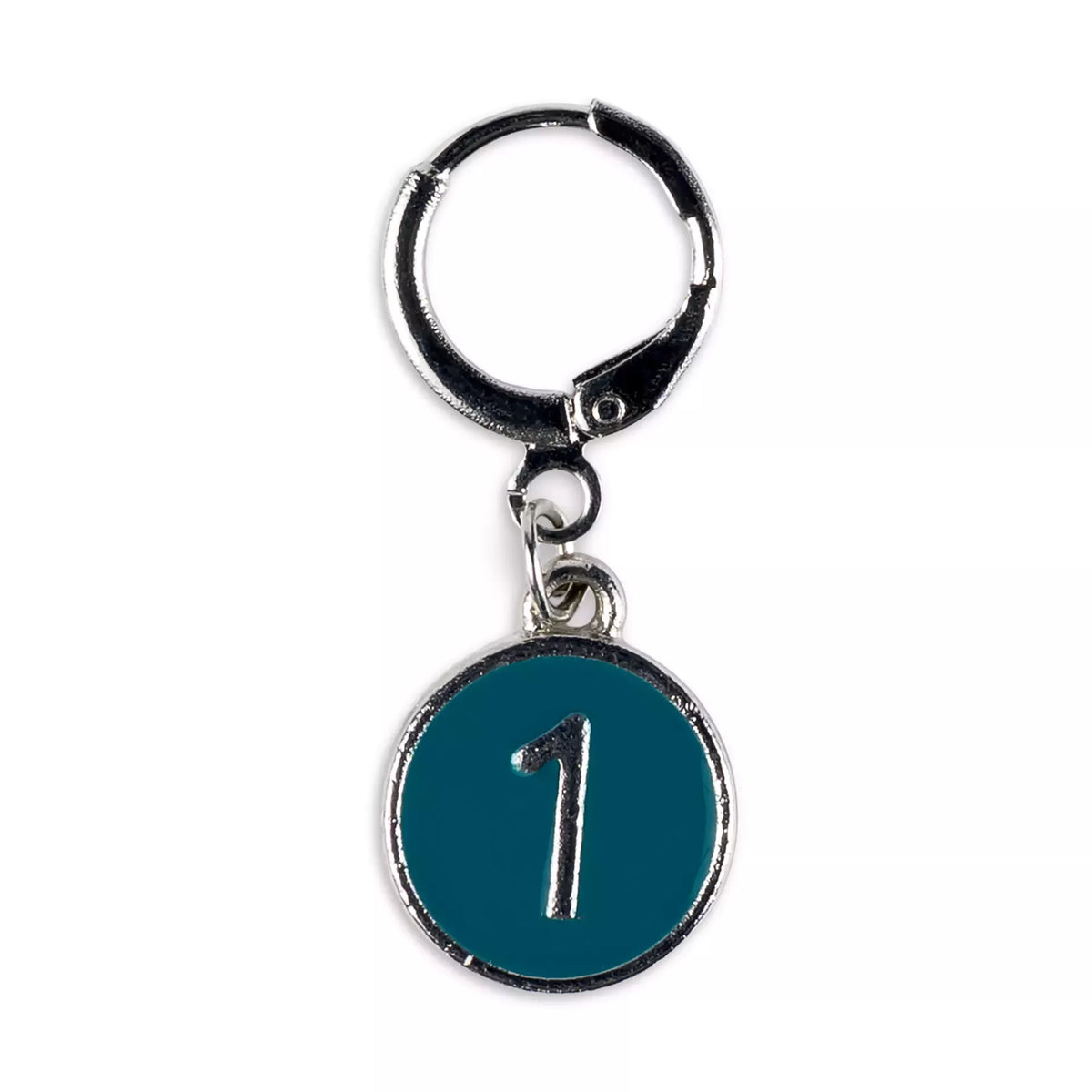 Silver-colored metal stitch marker with a dark petrol green circular charm featuring the number 1.