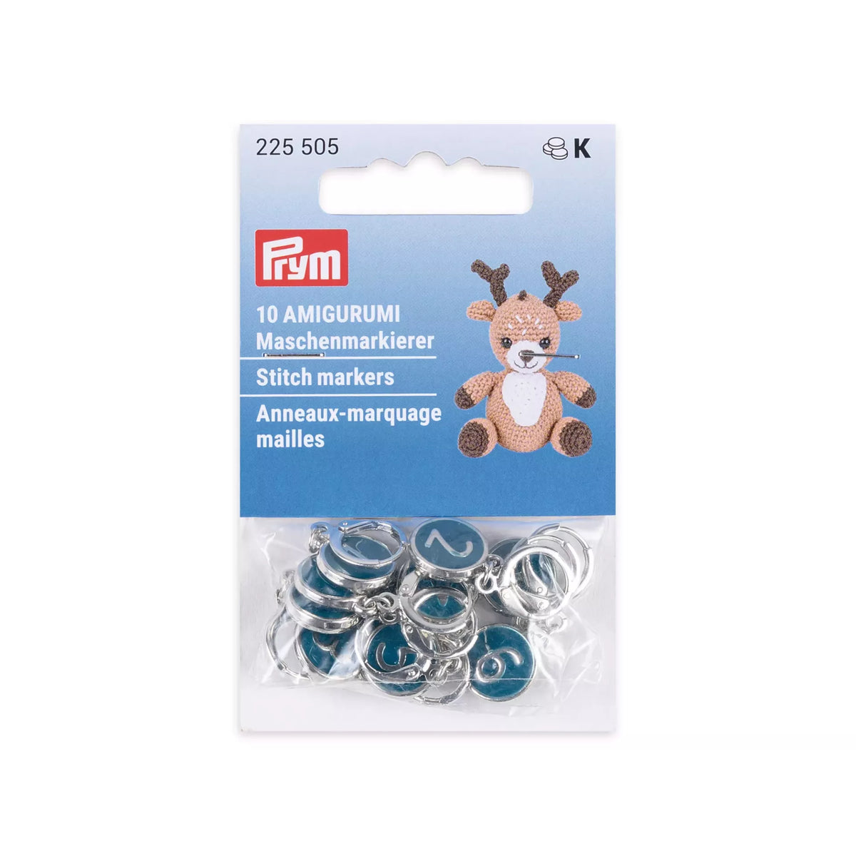 Prym Amigurumi stitch markers numbered 0-9 in dark petrol green and silver metal.