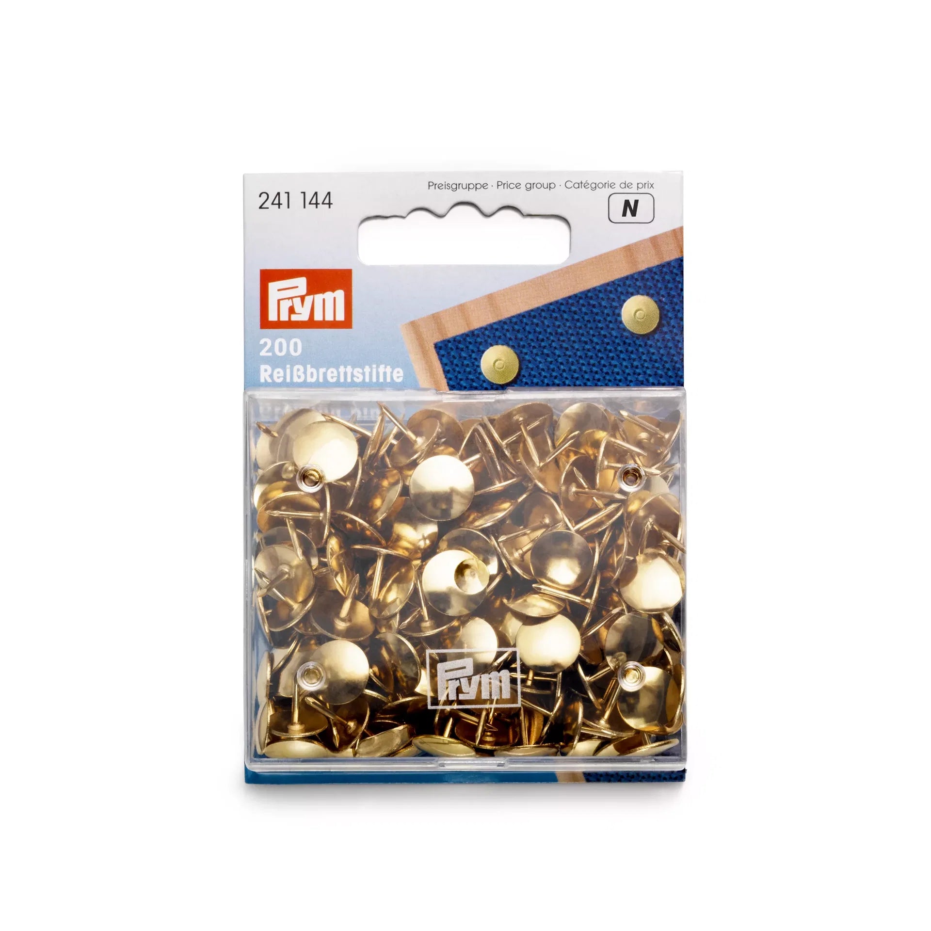 A pack of 200 gold-coloured mild steel thumb tacks with 10mm heads in a clear plastic box.