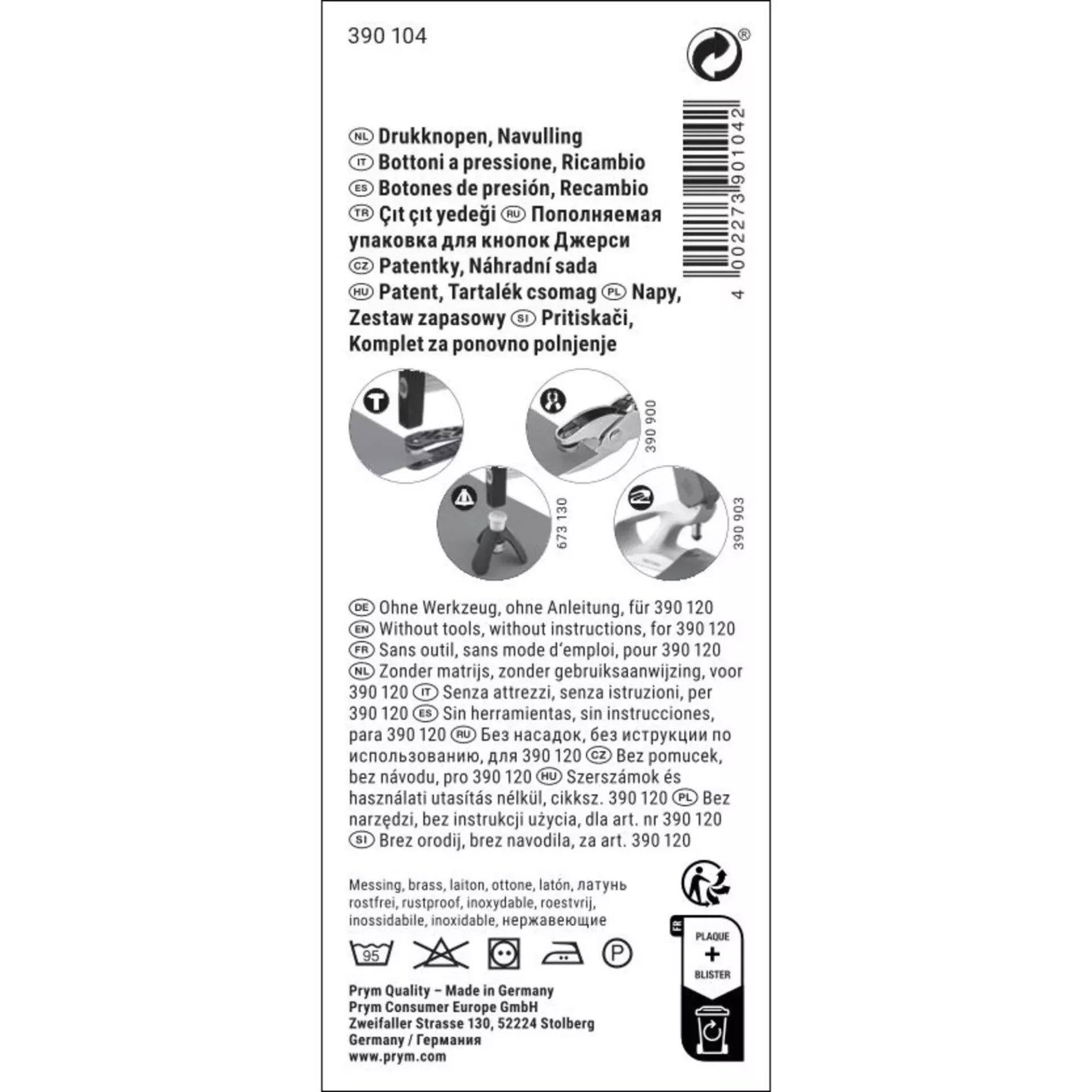 Back of packaging for Prym 10mm silver-coloured non-sew refill with usage icons and instructions.