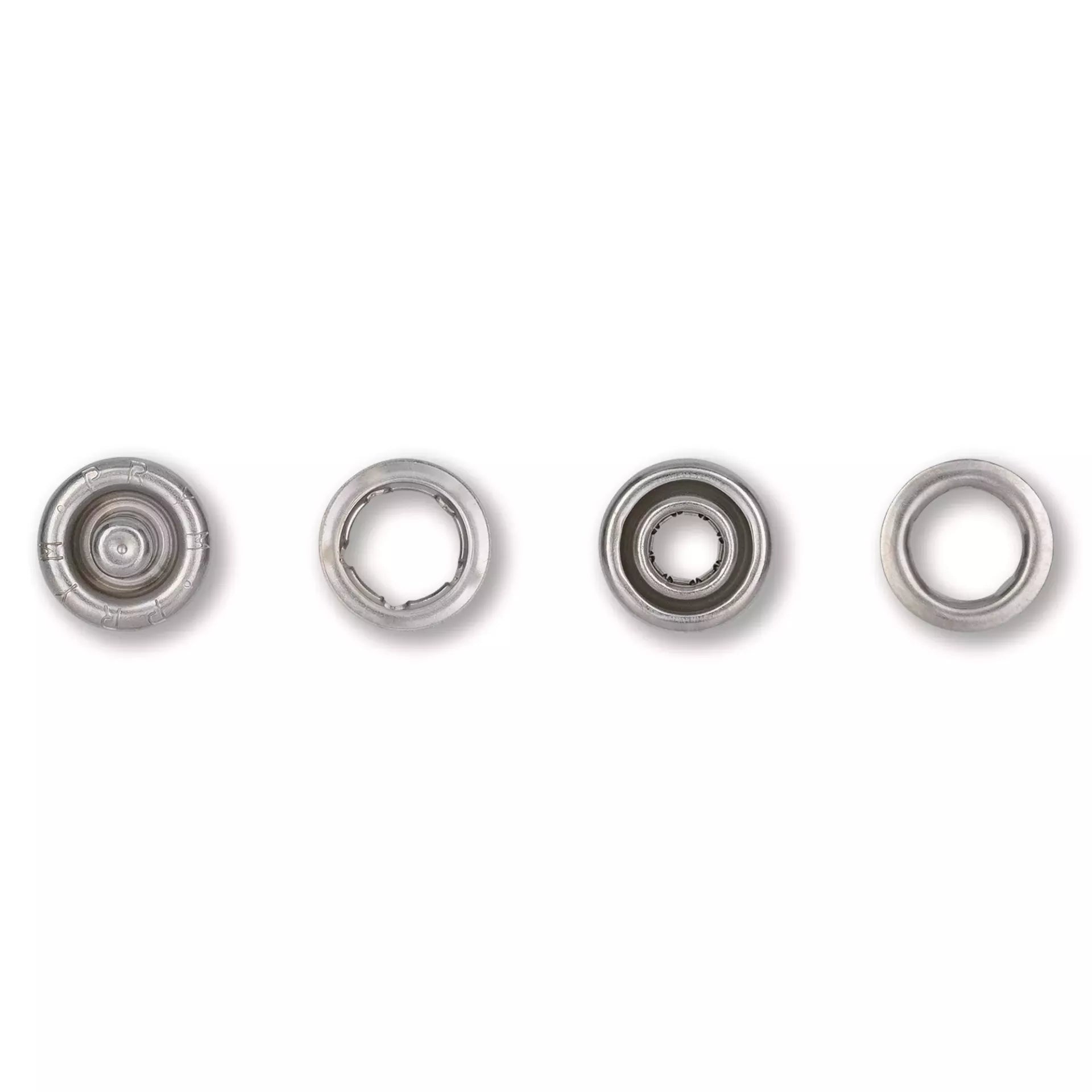 Four silver-coloured Prym 10mm Jersey press fastener components displayed in a row.
