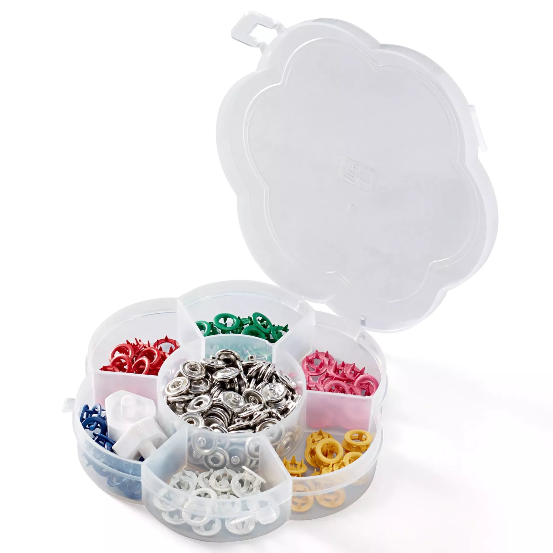 Flower-shaped storage box with 60 Prym Love 8mm jersey snap fasteners in six assorted colors.